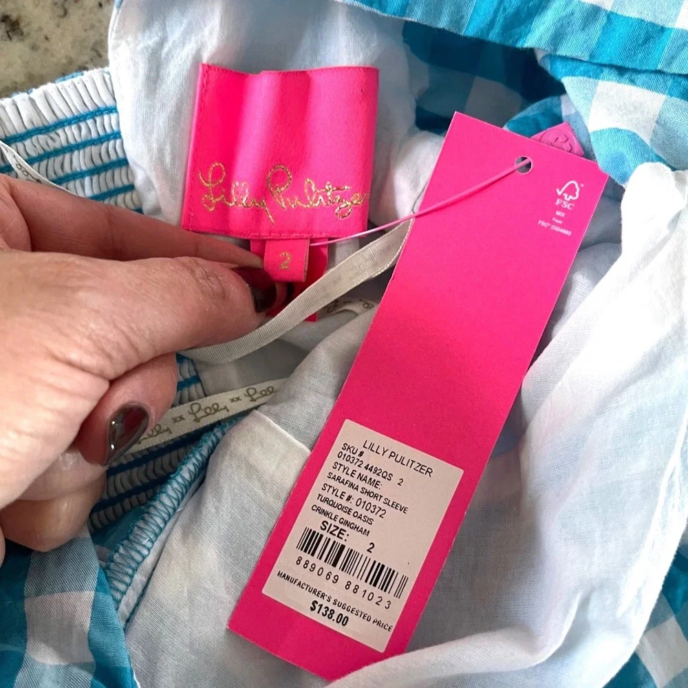 Lilly Pulitzer Sarafina Top Womens 2 Turquoise Gingham‎ Puff Sleeve Smocked NWT